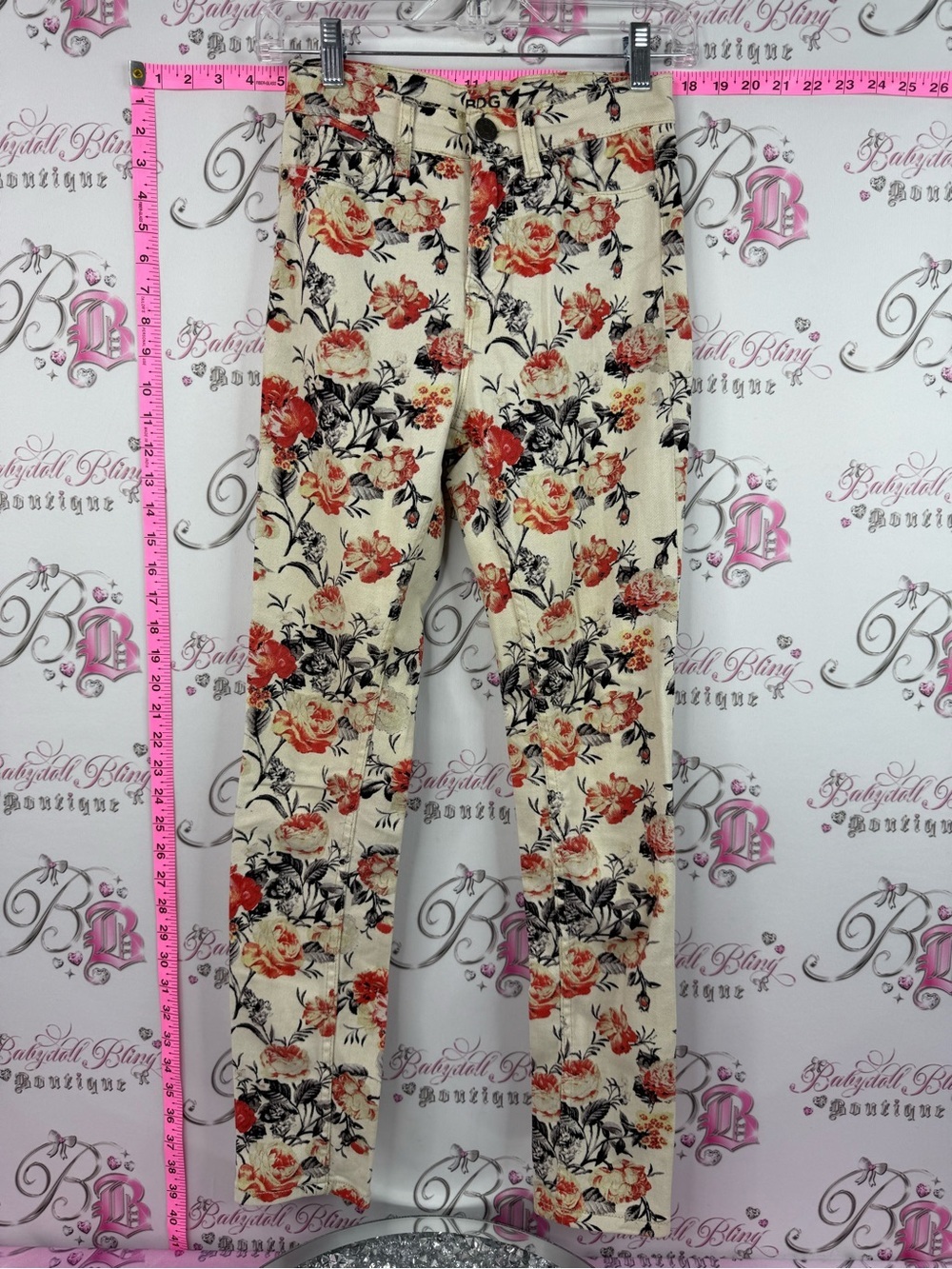 BDG pants Cream Floral Skinny Pants with Red and Black Blooms